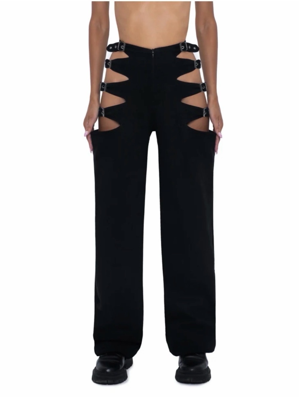 Black Cutout Wide-Leg Jeans with Buckle Straps